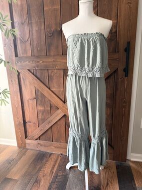 Strapless Sage Green Cropped jumpsuit with Crochet Trim